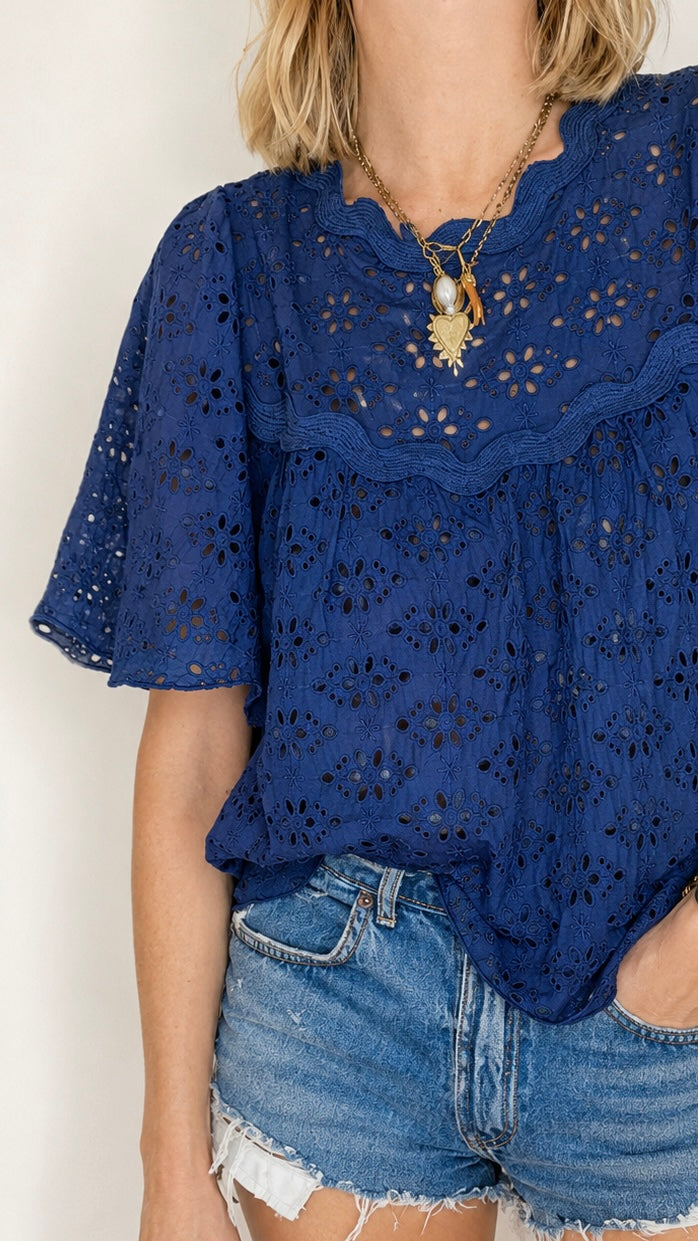 Broderie Ric Rac Cotton Scallop Top - Midnight