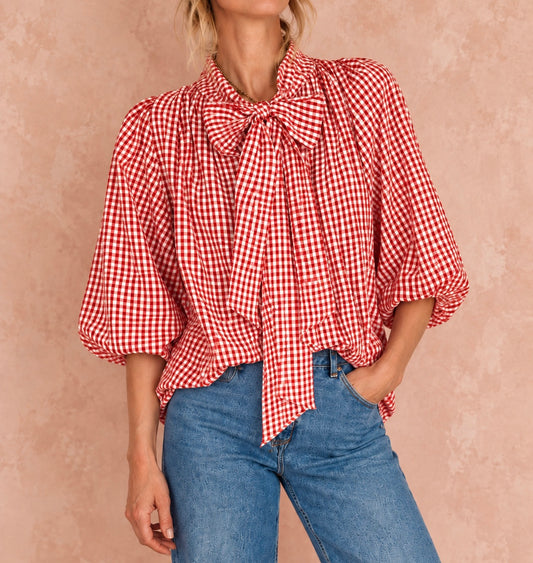 Cherry Gingham Detachable Tie Neck Cotton Shirt - Cherry Red & White