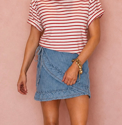 Didi Frilly Edge Cotton Wrap Mini Skirt - Mid Denim