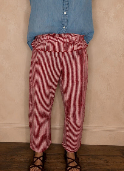 Reggi Elasticated Peplum Waist Cropped Barrel Leg Trouser - Deep Red & White