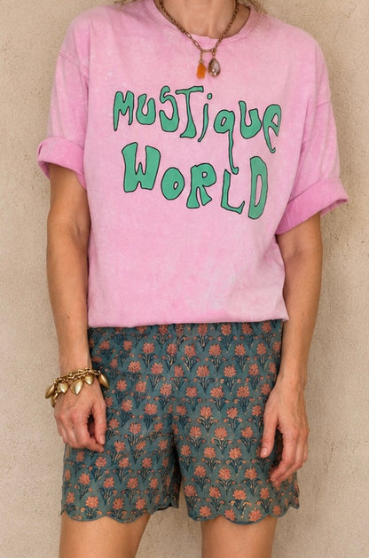 Tatty Elasticated Waist Cotton Scallop Short - Washed Teal