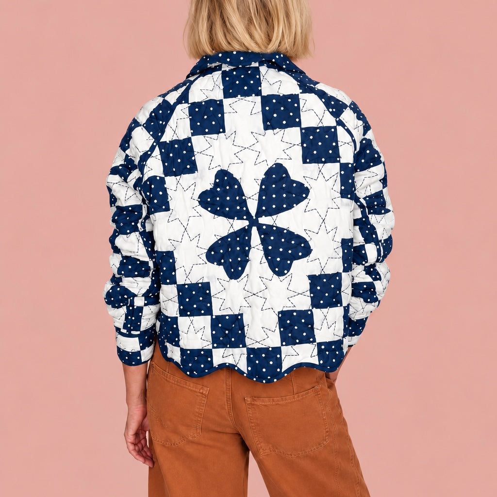 Clover Patchwork Quilted Cotton Jacket - Deep Indigo and Ecru