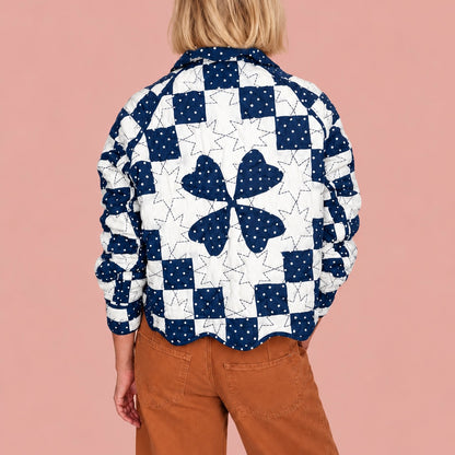 Clover Patchwork Quilted Cotton Jacket - Deep Indigo and Ecru