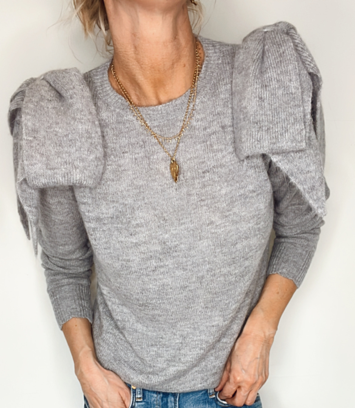 Bow Shoulder Jumper - Grey Marl