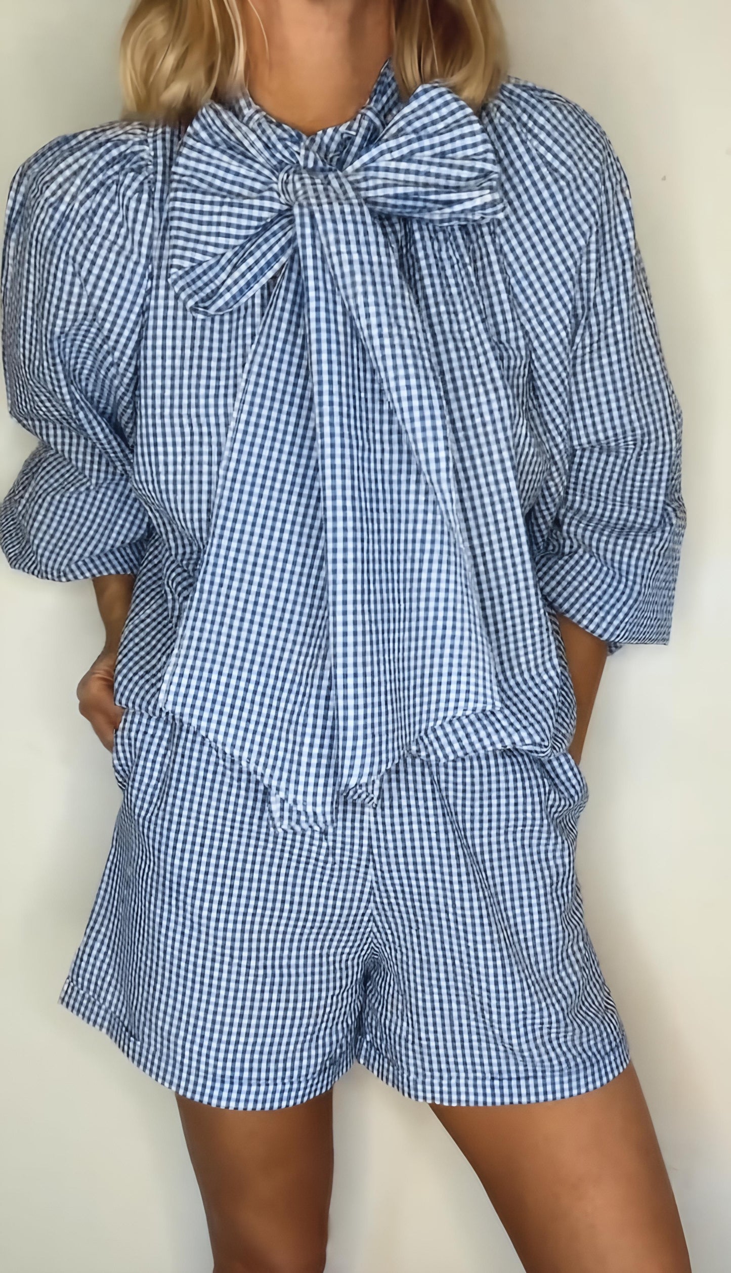 Peggy Micro Gingham Cotton Short - Blue and white