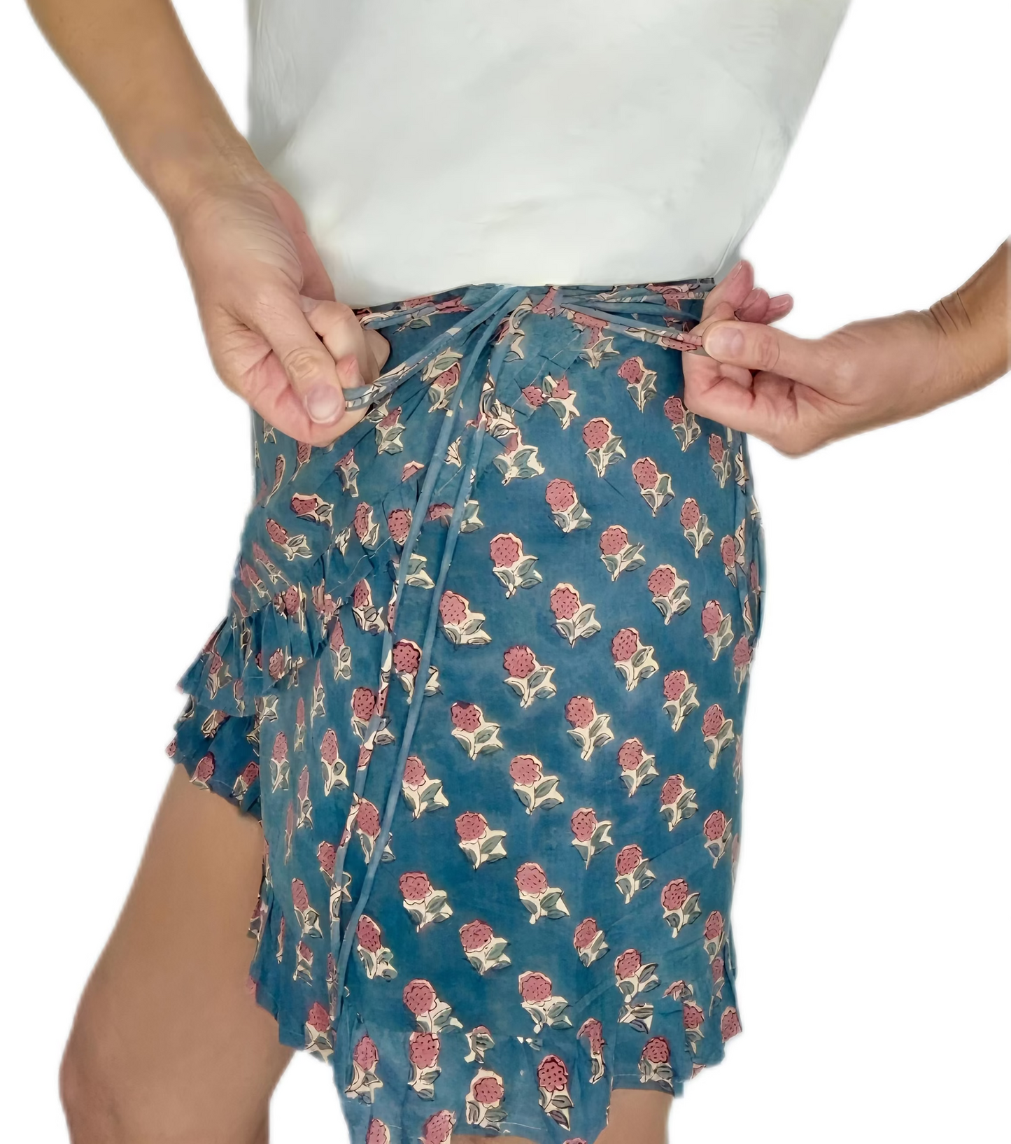 Tabby Frilly Edge Cotton Wrap Mini Skirt - Deep Teal Print