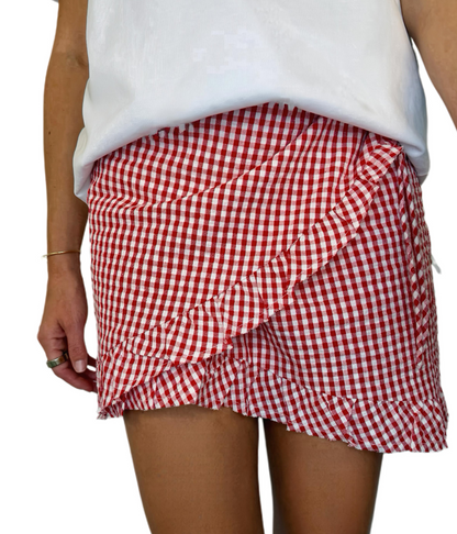 Ginny Gingham Frilly Edge Cotton Wrap Mini Skirt - Chilli Red