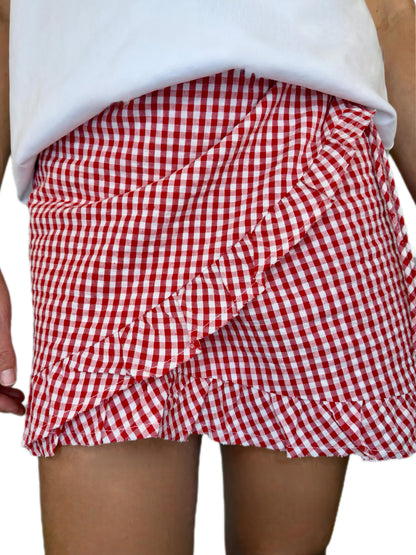 Ginny Gingham Frilly Edge Cotton Wrap Mini Skirt - Chilli Red