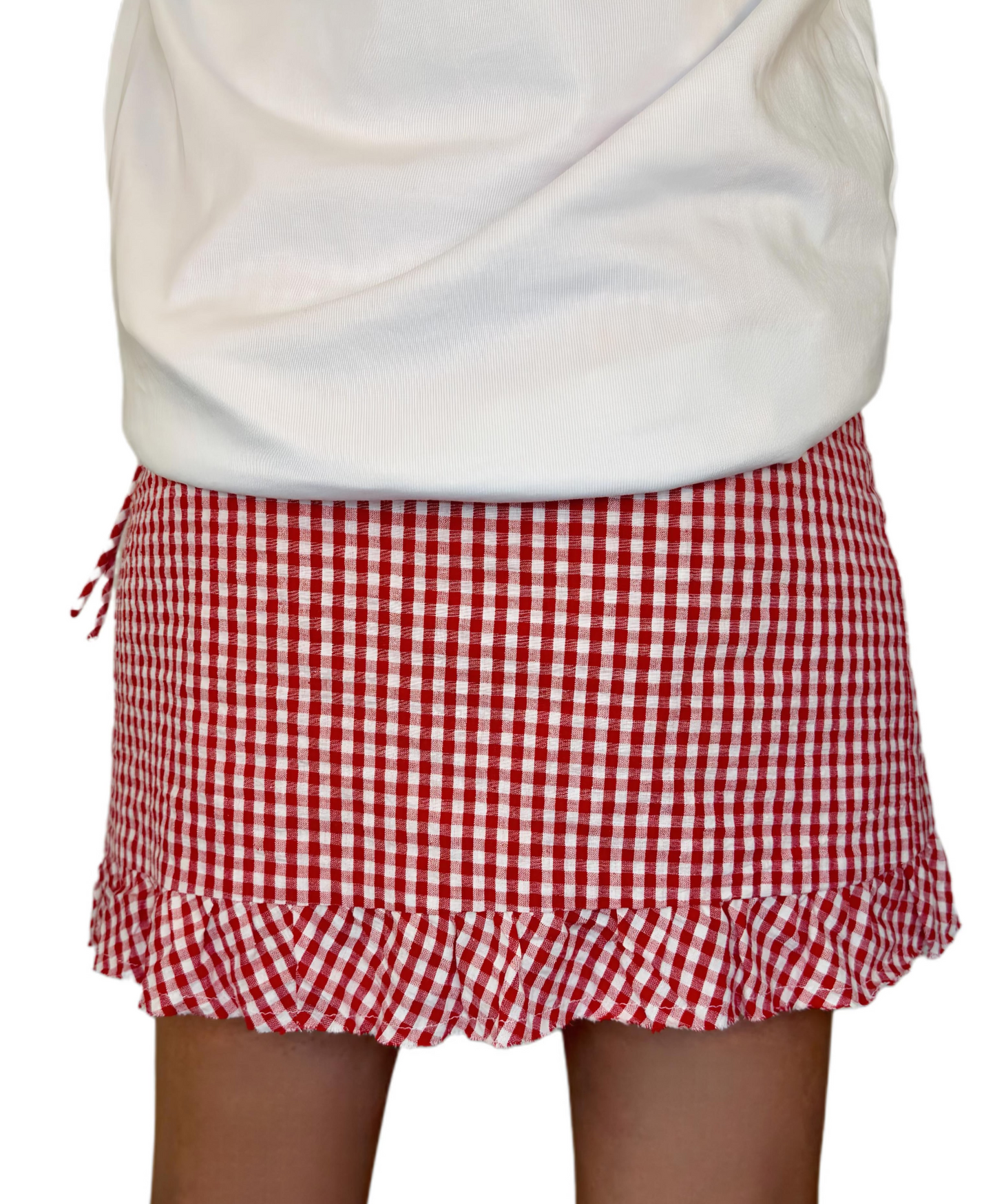 Ginny Gingham Frilly Edge Cotton Wrap Mini Skirt - Chilli Red