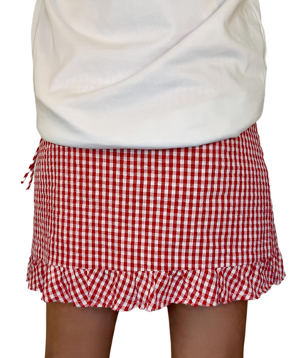 Ginny Gingham Frilly Edge Cotton Wrap Mini Skirt - Chilli Red