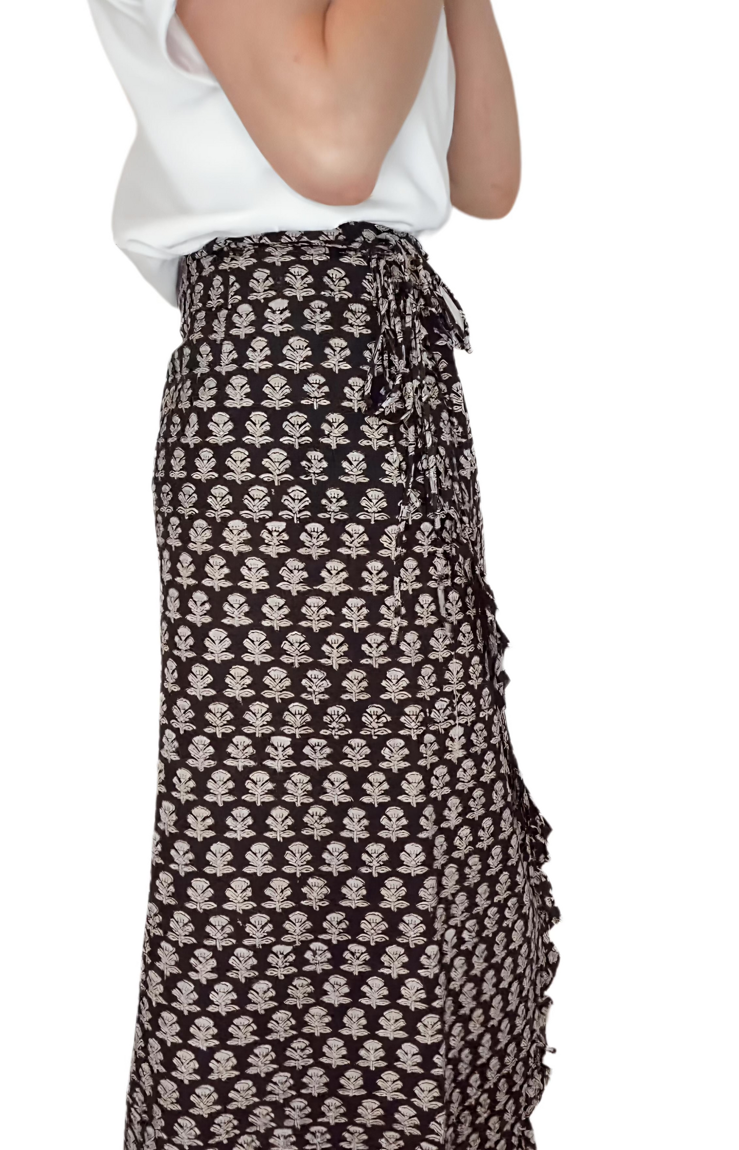 Jet Frilly Edge Cotton Wrap MIDI Skirt - Jet Black