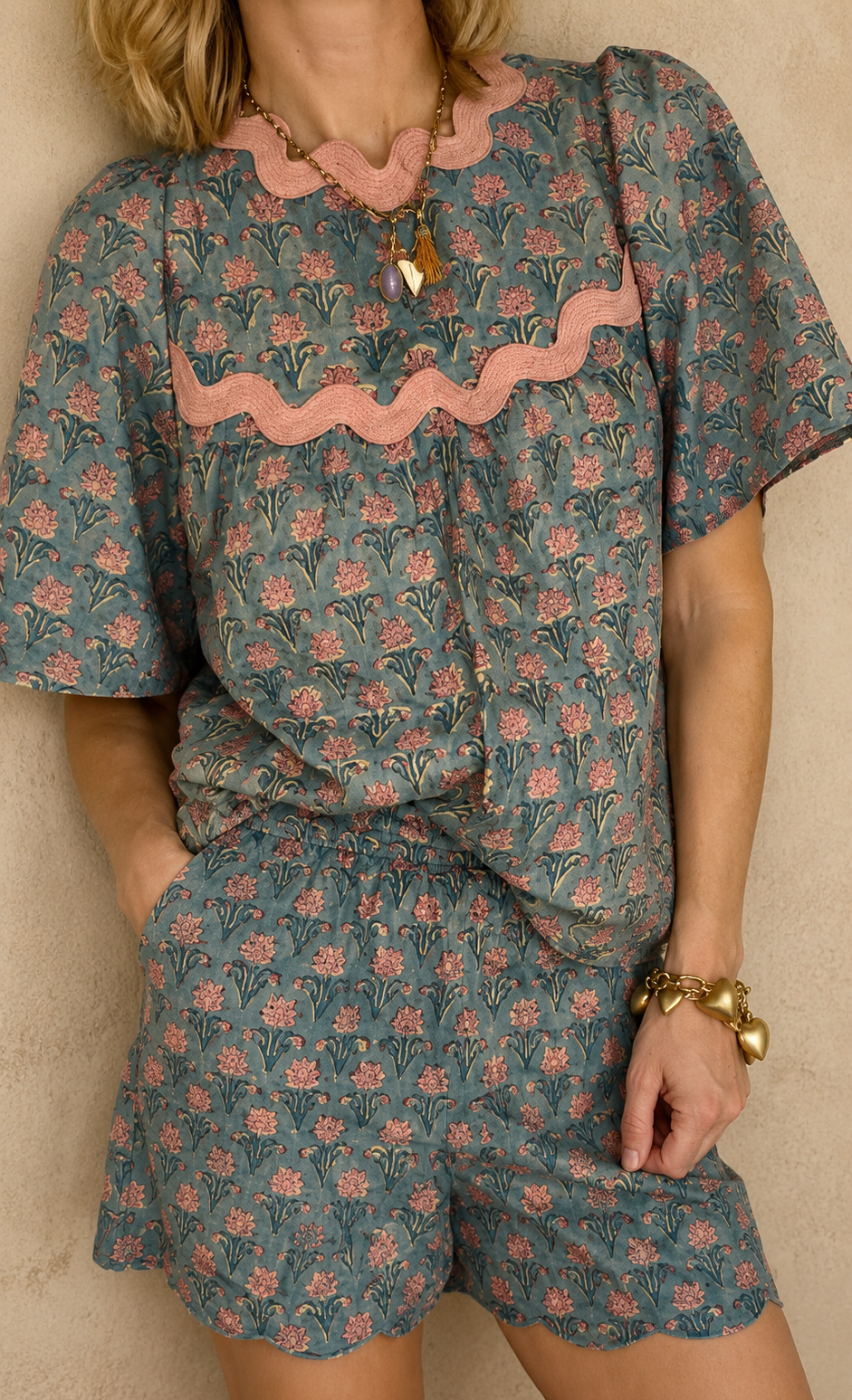 Tatty Ric Rac Cotton Top - Washed Teal Print