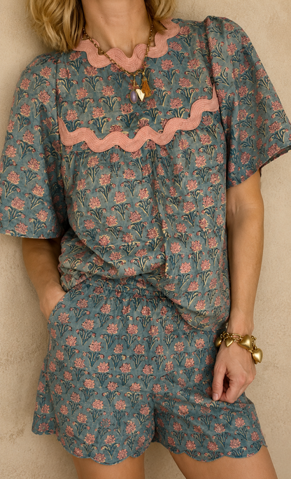 Tatty Ric Rac Cotton Top - Washed Teal Print