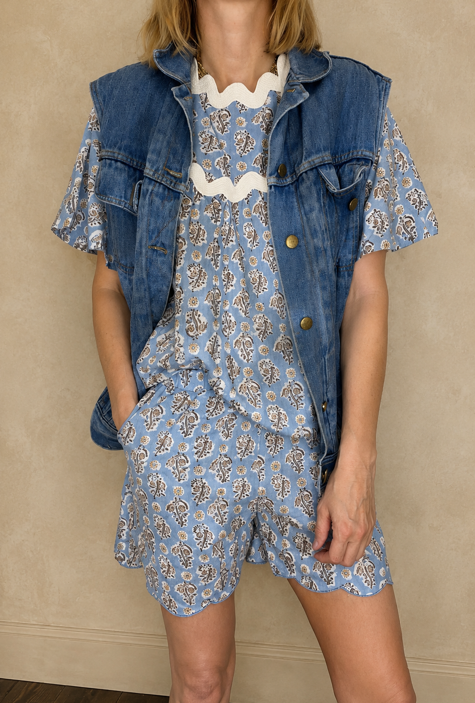 Reena Ric Rac Cotton Top - Denim Blue Print