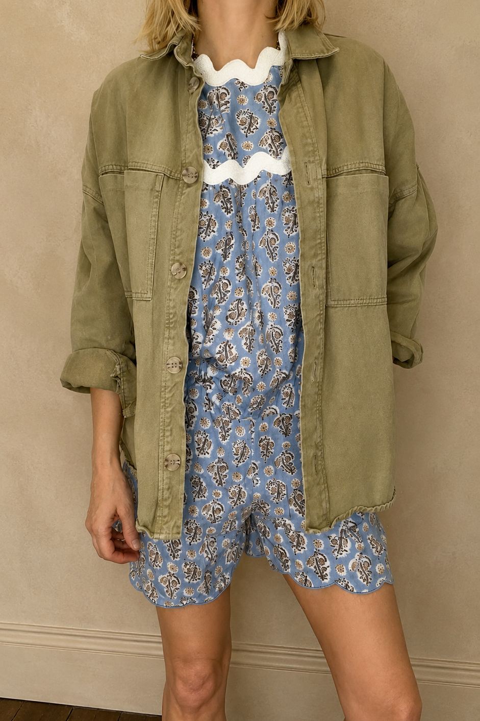 Reena Ric Rac Cotton Top - Denim Blue Print