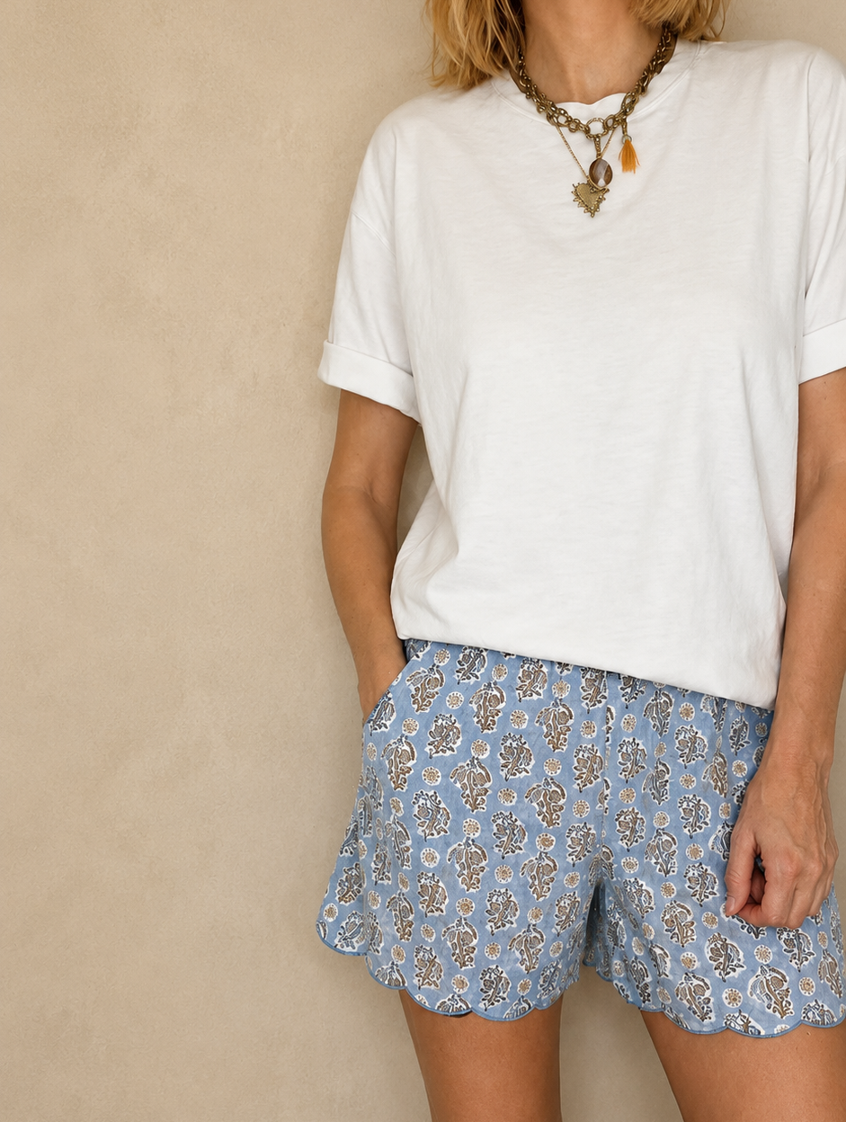 Reena Elasticated Waist Cotton Scallop Short - Denim Blue Print