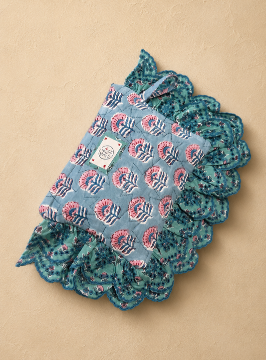 Minty Quilted Cotton Frill Clutch - Soft Mint & Pink