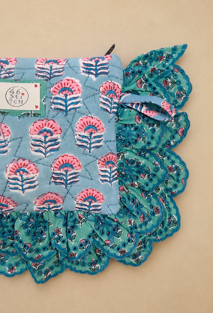 Minty Quilted Cotton Frill Clutch - Soft Mint & Pink