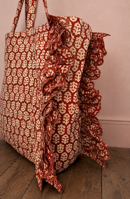 Rizzo Jumbo Quilted Cotton Frill Tote Bag - Chilli Red