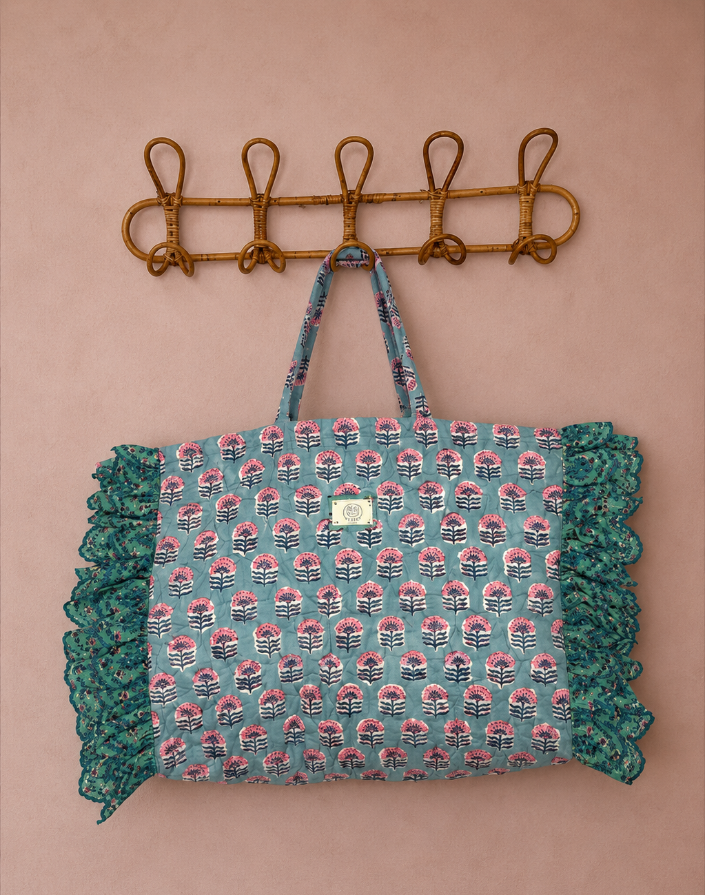 Minty Jumbo Quilted Cotton Frill Tote Bag - Blue Green