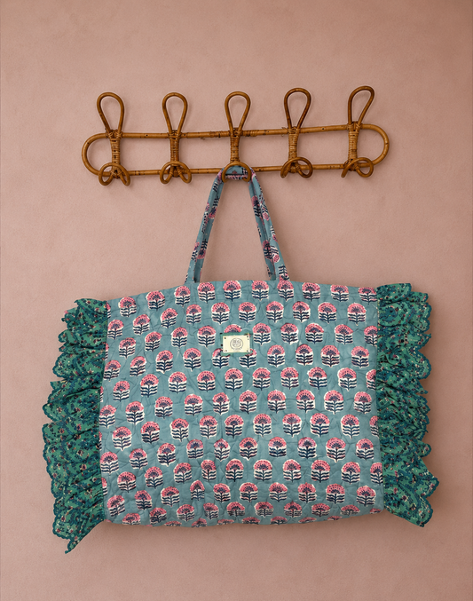 Minty Jumbo Quilted Cotton Frill Tote Bag - Blue Green