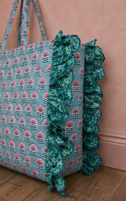 Minty Jumbo Quilted Cotton Frill Tote Bag - Blue Green