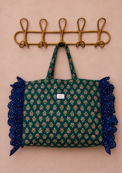 Beth Jumbo Quilted Cotton Frill Tote Bag - Deep Teal