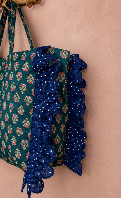 Beth Jumbo Quilted Cotton Frill Tote Bag - Deep Teal
