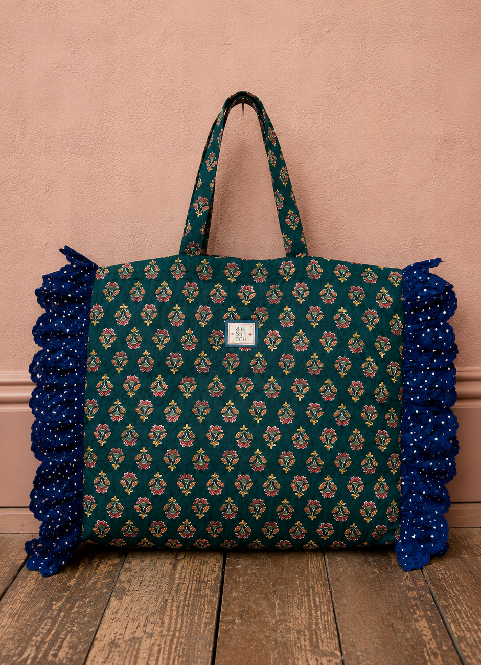 Beth Jumbo Quilted Cotton Frill Tote Bag - Deep Teal