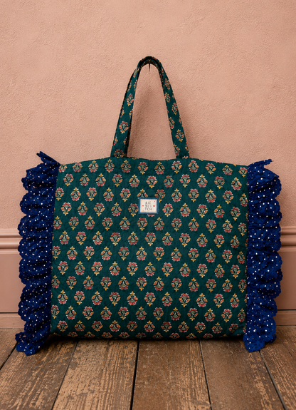 Beth Jumbo Quilted Cotton Frill Tote Bag - Deep Teal