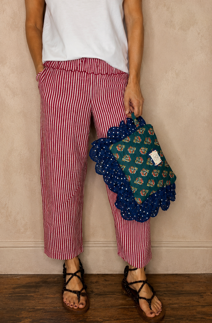 Reggi Elasticated Peplum Waist Cropped Barrel Leg Trouser - Deep Red & White