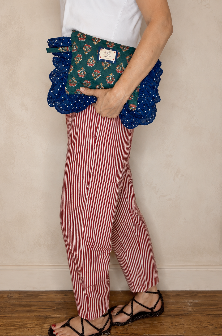 Reggi Elasticated Peplum Waist Cropped Barrel Leg Trouser - Deep Red & White