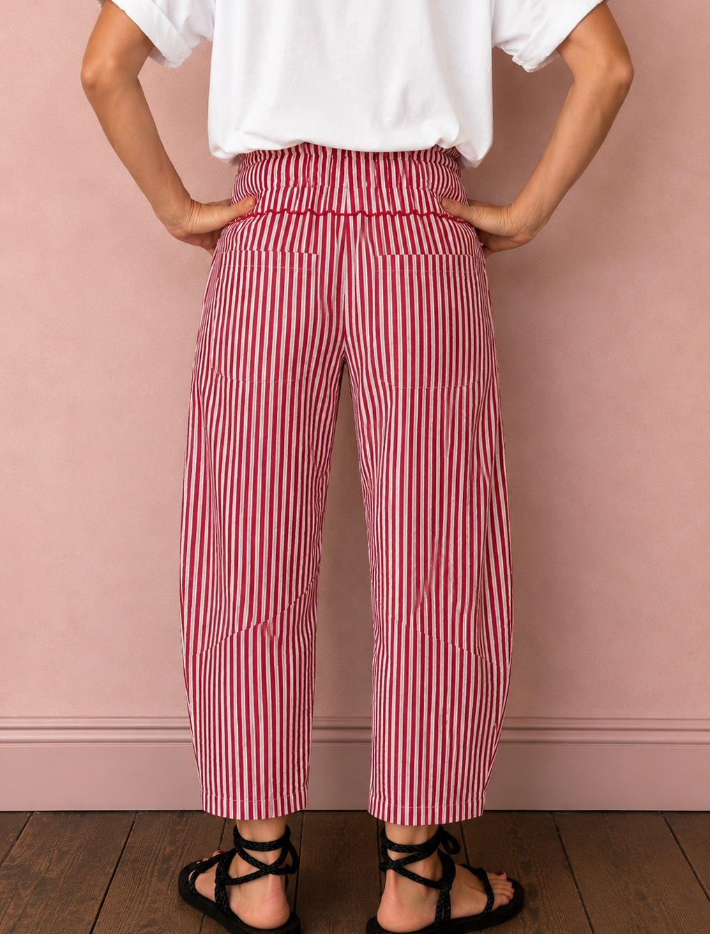 Reggi Elasticated Peplum Waist Cropped Barrel Leg Trouser - Deep Red & White