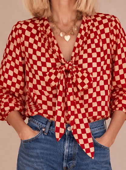 Check It Out Detachable Tie Neck Cotton Shirt - Red Earth