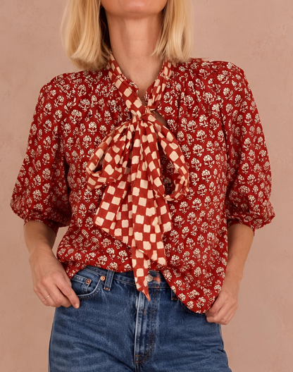 Ruby Detachable Tie Neck Cotton Shirt - Red Earth Print