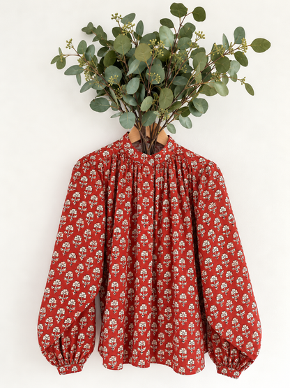 Ruby Detachable Tie Neck Cotton Shirt - Red Earth Print