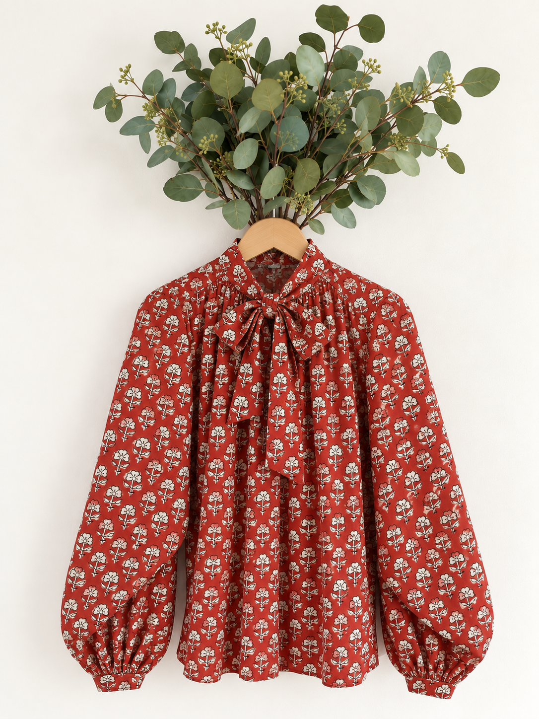 Ruby Detachable Tie Neck Cotton Shirt - Red Earth Print