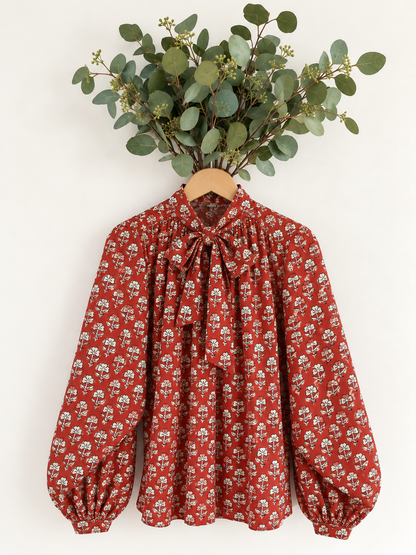 Ruby Detachable Tie Neck Cotton Shirt - Red Earth Print