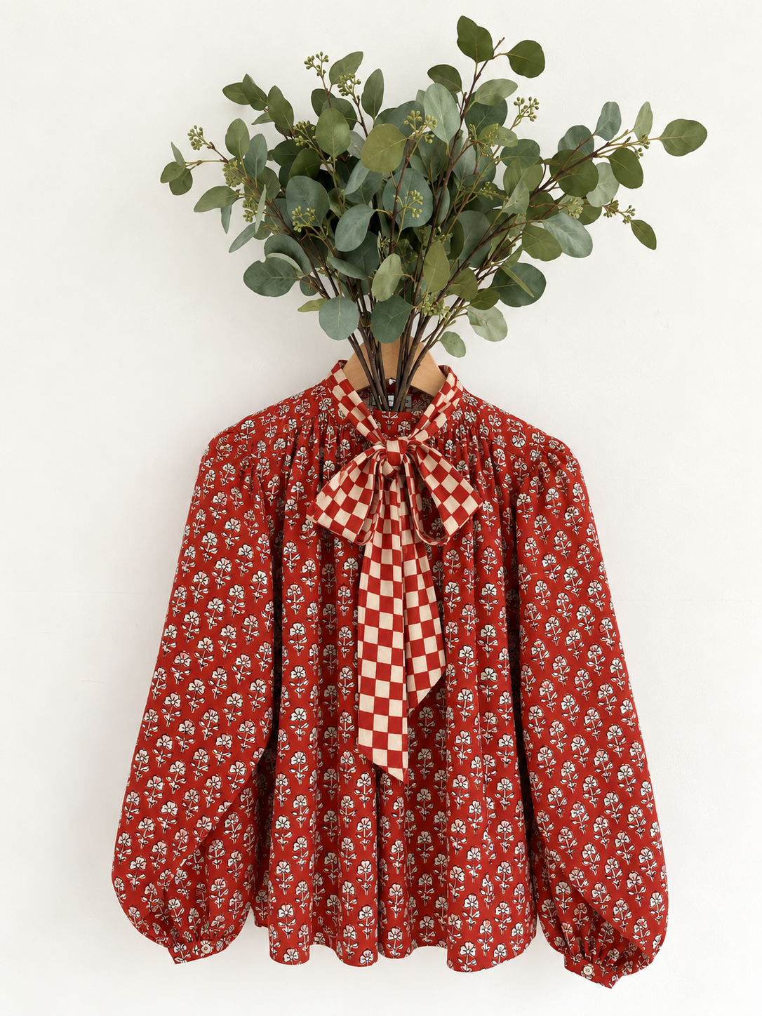 Ruby Detachable Tie Neck Cotton Shirt - Red Earth Print