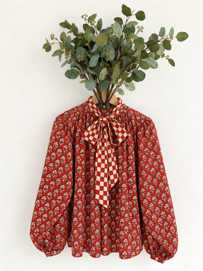 Ruby Detachable Tie Neck Cotton Shirt - Red Earth Print