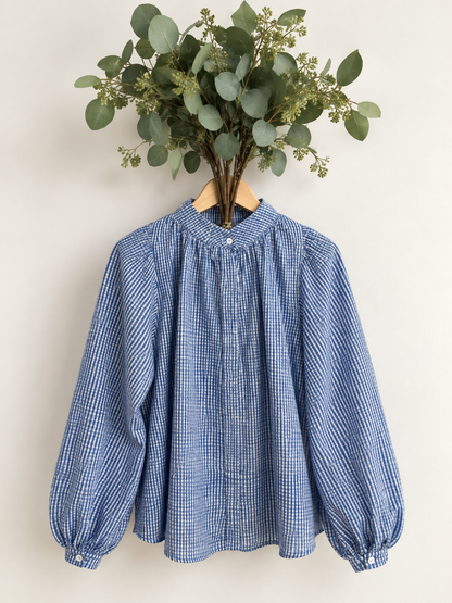 Mia Detachable Tie Neck Cotton Shirt With Extra Plain Tie - Indigo Check Print