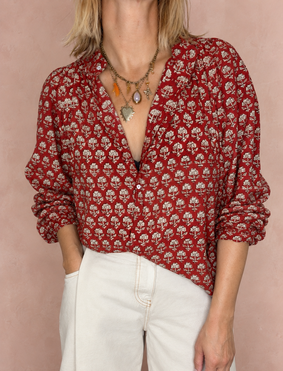 Ruby Detachable Tie Neck Cotton Shirt - Red Earth Print