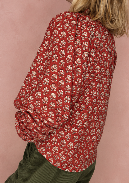Ruby Detachable Tie Neck Cotton Shirt - Red Earth Print