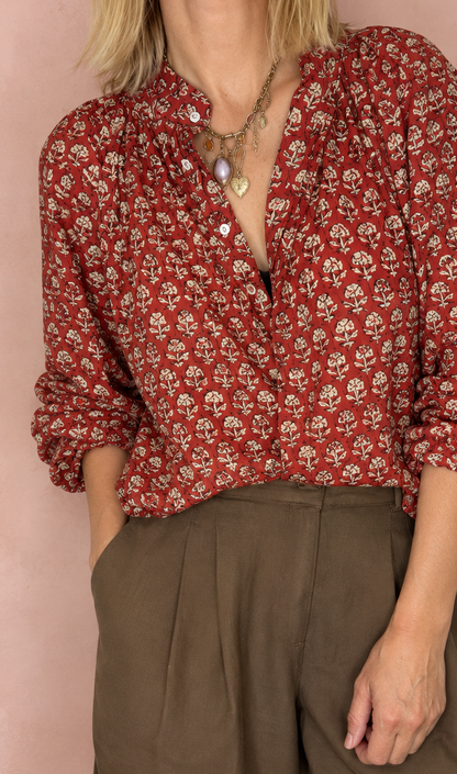 Ruby Detachable Tie Neck Cotton Shirt - Red Earth Print