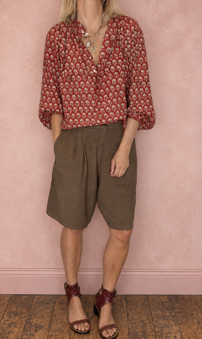 Ruby Detachable Tie Neck Cotton Shirt - Red Earth Print