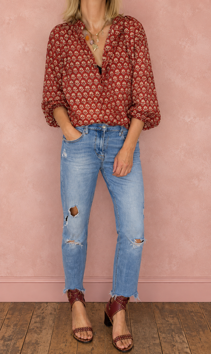 Ruby Detachable Tie Neck Cotton Shirt - Red Earth Print