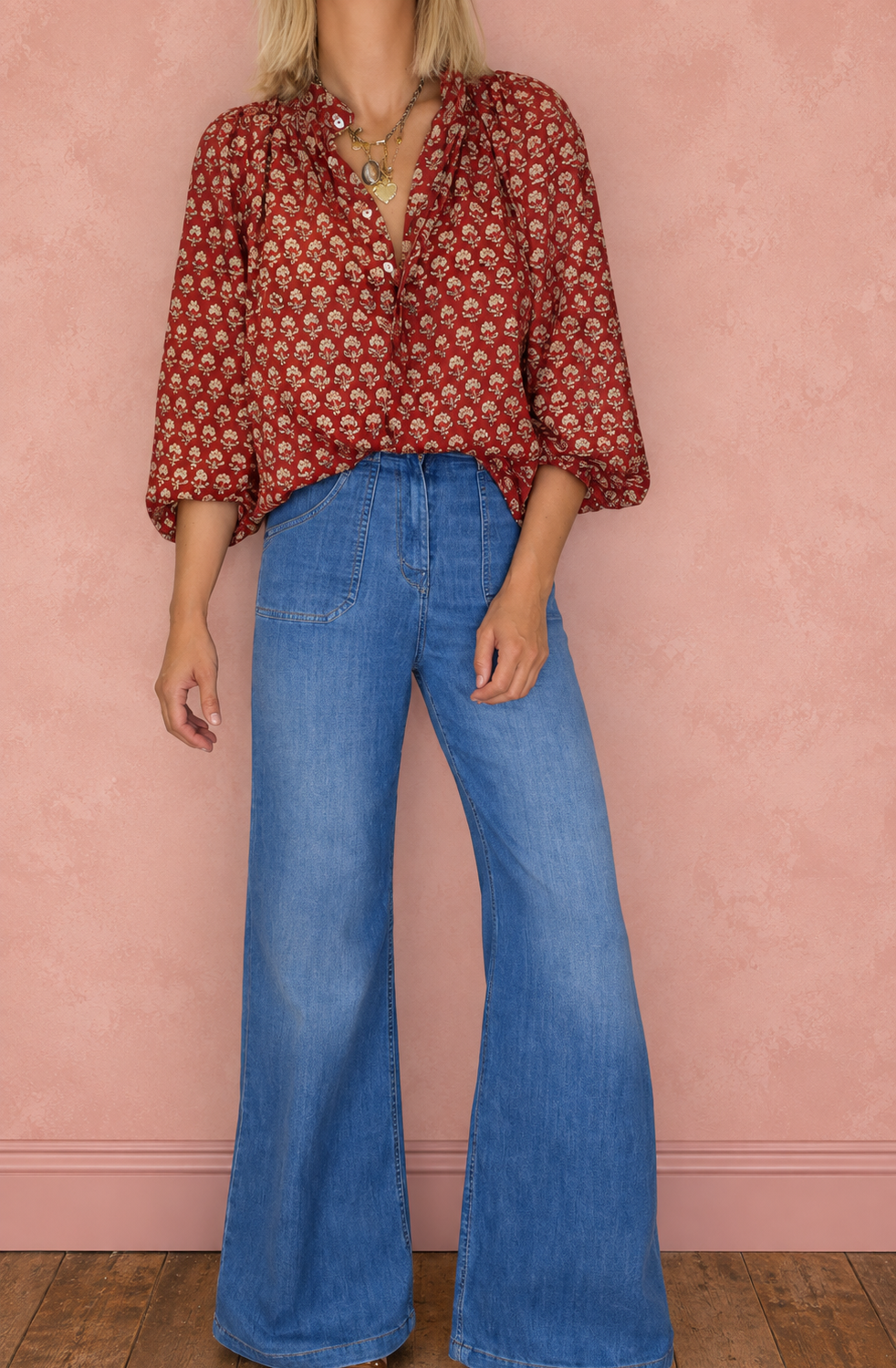 Ruby Detachable Tie Neck Cotton Shirt - Red Earth Print