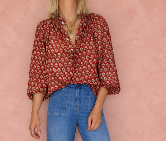 Ruby Detachable Tie Neck Cotton Shirt - Red Earth Print