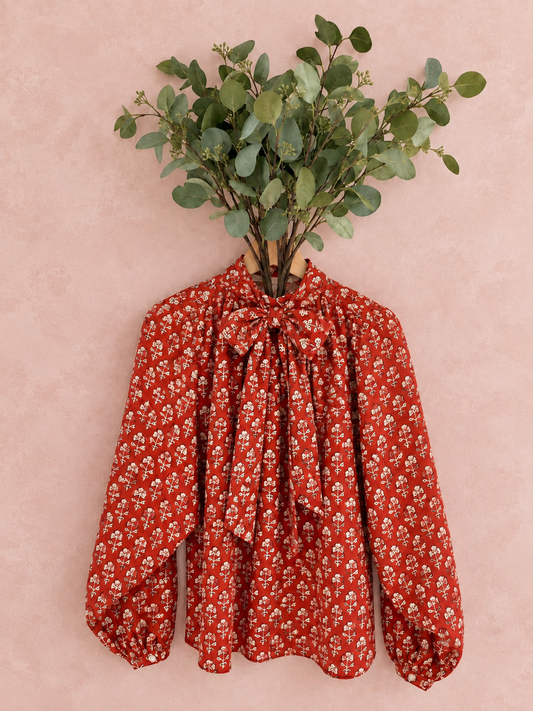 Ruby Detachable Tie Neck Cotton Shirt - Red Earth Print