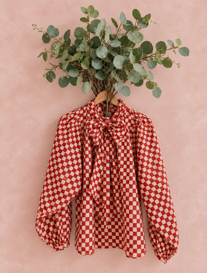 Check It Out Detachable Tie Neck Cotton Shirt - Red Earth